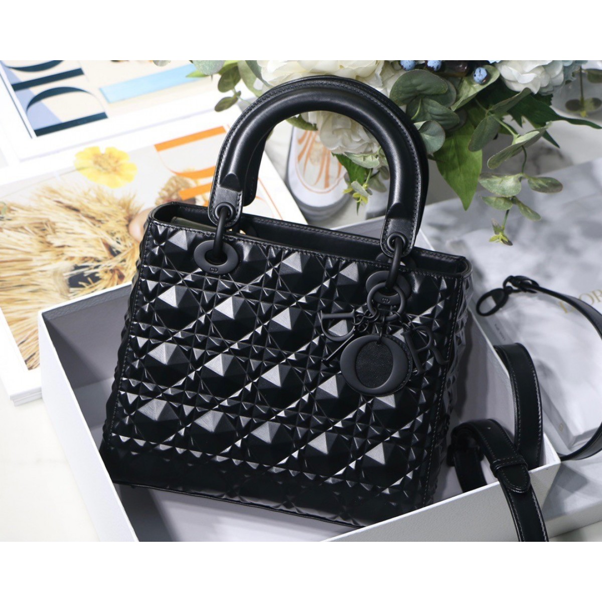 Dior Medium Lady Dior Bag In Black Diamond Calfskin High Quality Replica