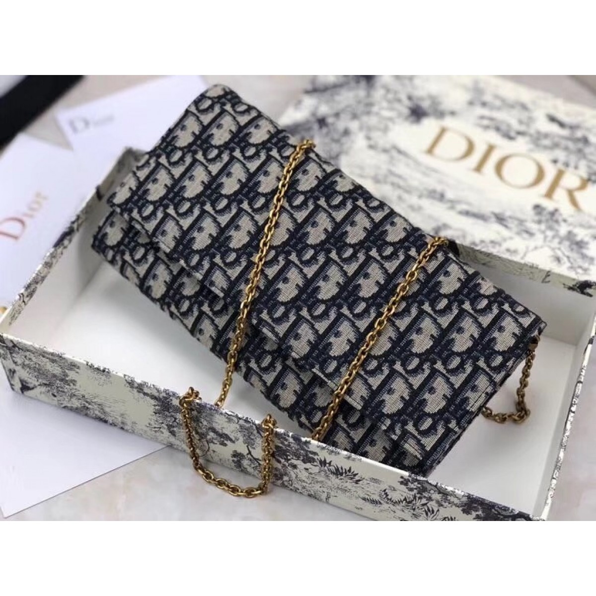 Dior Clutch Bag On Chain In Blue Oblique Canvas High Quality Replica